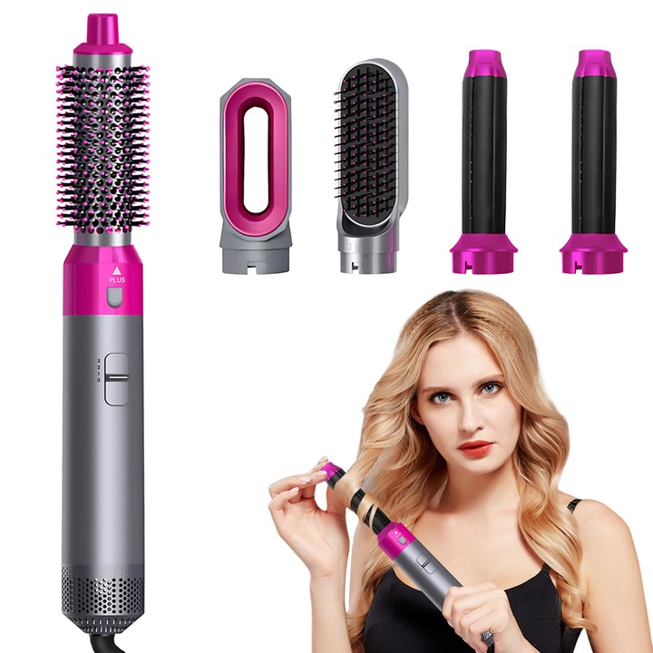 Set perie termica 5 in 1 BHW, perie rotativa, uscator de par, ondulator, Uscare si rotatie, set uscator de par cu cap detasabil Pieptene, Multifunctionala,1000W