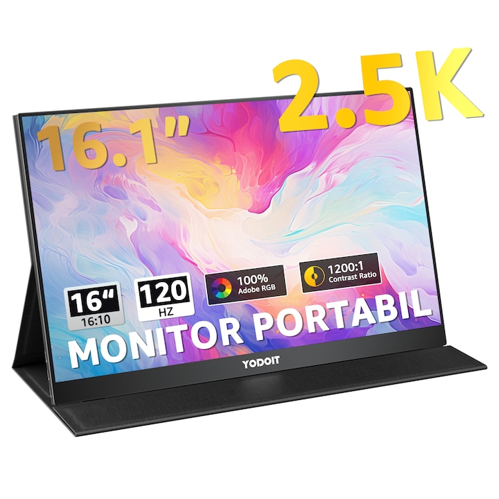 Портативен монитор 16.1'', 2.5K, YODOIT, 2560×1600, FULL HD, LED IPS дисплей, кабел Mini HDMI към HDMI, USB-C към USB-C, USB-C към USB-A, вградени високоговорители със Smart Cover, монитор, съвместим с компютър, лаптоп, MacBook, Xbox