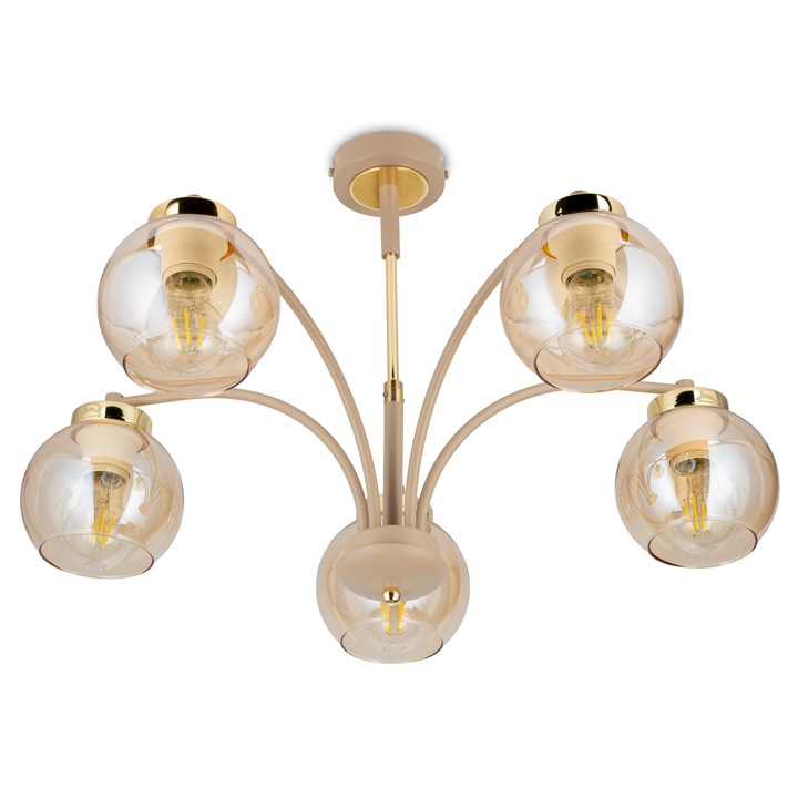 Полилей HowHomely, модел Крис, 5xE27, цвят бежов, кехлибарено стъкло, 60 см