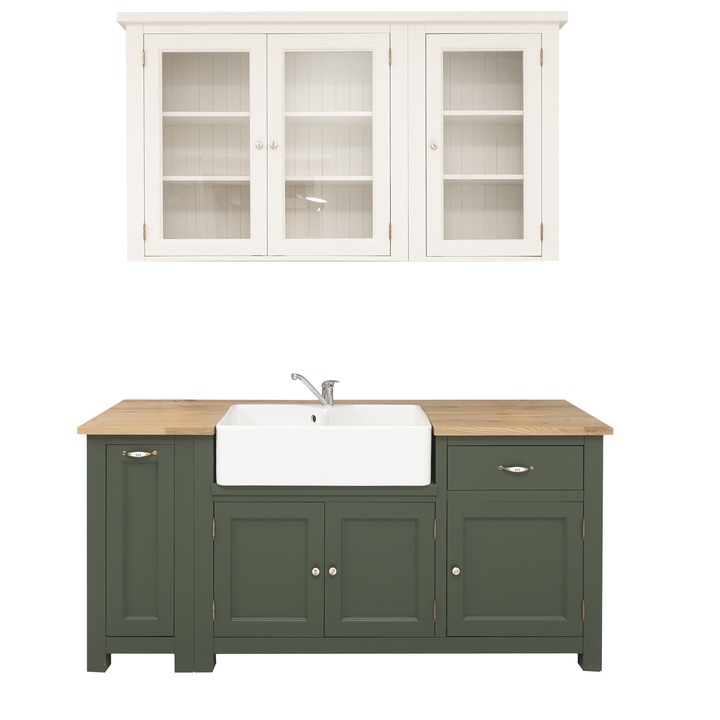 Bucatarie cu blat stejar, culoare blat maro deschis P061, culoare corp inferior verde P038, culoare corp superior crem P015, triplu color, 100% lemn masiv, 175x190x65 cm