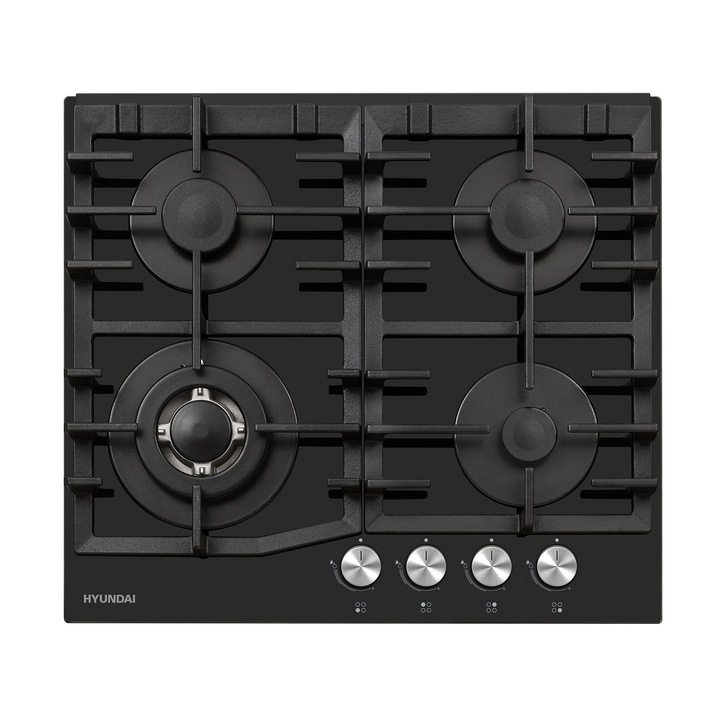 Beépíthető főzőlap Hyundai HBIG24V-61GL, Gáz, 4 égő, Wok égő, wok és török kávé adapterrel, FSD, Öntöttvas rácsok, 60 cm, Fekete