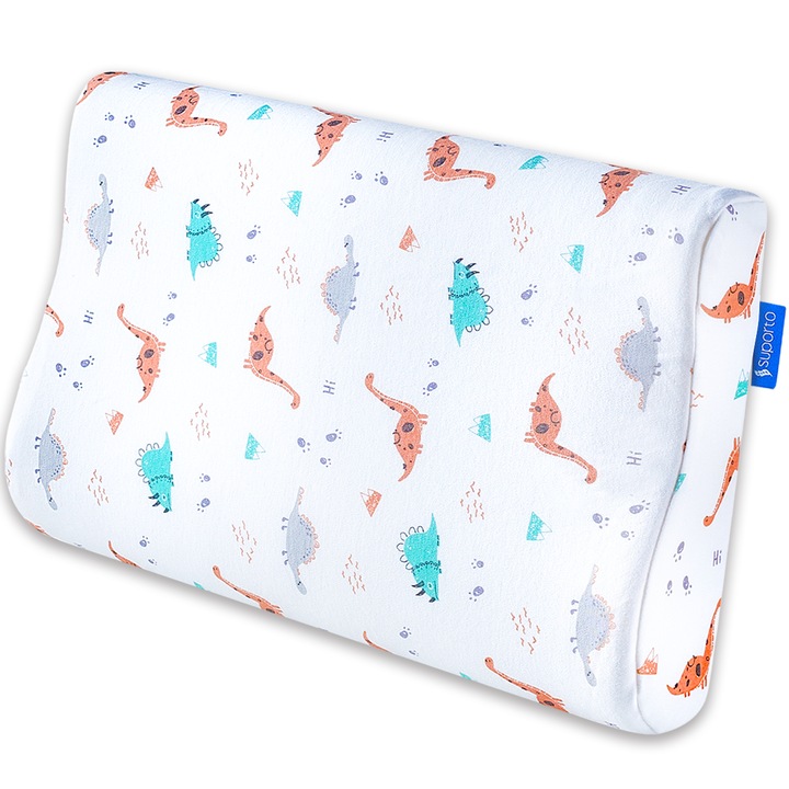 Memóriahabos gyerek párna, Suporto, többszínű antiallergén pamut párnahuzattal, ergonomikus anatómiai forma pihentető alvás érdekében, 2 éves kortól ajánlott, Dinoszaurusz mintás, 45-25-5/7 cm