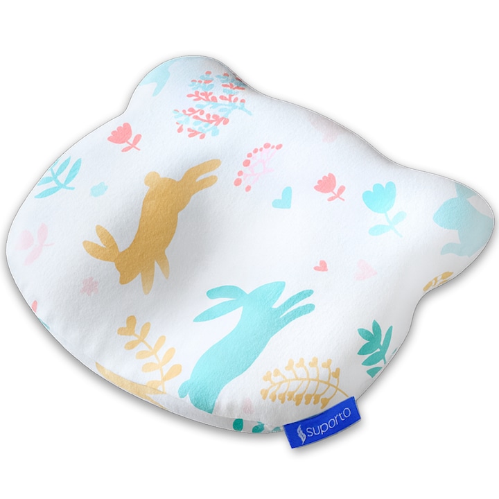 Бебешка възглавница с ортопедична опора против плагиоцефалия, Хипоалергенна мемори пяна, Идеална за оформяне на главата, За деца от 0 месеца до 1 година Калъфка за възглавница от памук, Форма Мече, Модел Зайчета, Многоцветна