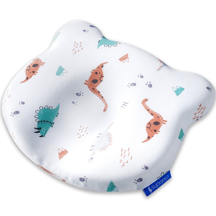 Възглавница за бебета Suporto с ортопедична поддръжка против плагиоцефалия, Хипоалергенна мемори пяна, Идеална за оформяне на главата, За деца от 0 месеца до 1 година, Калъфка от памук, Форма на мече, Модел Динозаври, Многоцветна