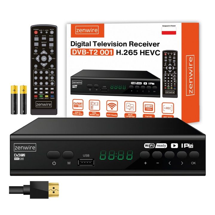 Цифров ТВ тунер Zenwire DVB-T2 H.265, Full HD, PVR, Черен, 145x63x20 мм