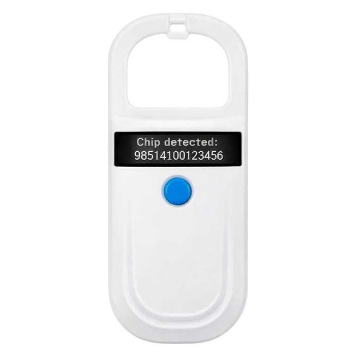 Cititor microcipuri animale, DOOWA, Ecran OLED, 125-134.2 khz, 128 coduri, distanta citire 7 cm microcipuri si 10 cm crotalii, 79 x 7.5 x 12 cm, 110 g, Alb