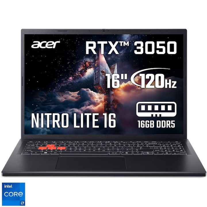 Лаптоп Gaming Acer Nitro Lite 16 NL16-71G-751G с процесор Intel® Core™ i7-13620H до 4.90 GHz, 16'', WUXGA, IPS, 165Hz, 16GB DDR5 RAM, 512GB SSD, NVIDIA® GeForce RTX™ 3050 6GB GDDR6, No OS, Shale Black