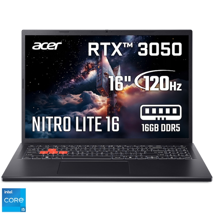 Лаптоп Gaming Acer Nitro Lite 16 NL16-71G-57M9 с процесор Intel® Core™ i5-13420H до 4.7GHz, 16'', WUXGA, IPS, 165Hz, 16GB DDR5 RAM, 512GB SSD, NVIDIA® GeForce RTX™ 3050 6GB GDDR6, No OS, Shale Black