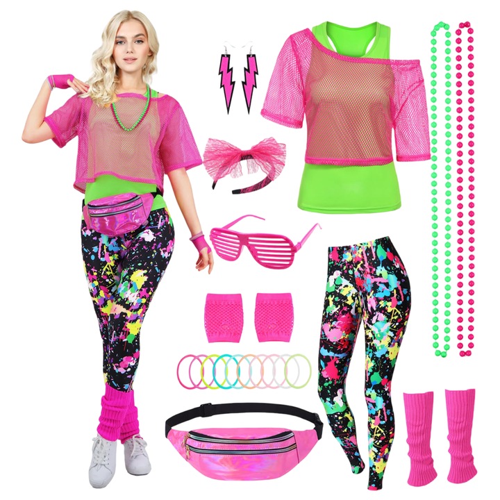 Costum de Halloween pentru femei, stil retro anii '80, culori neon, M