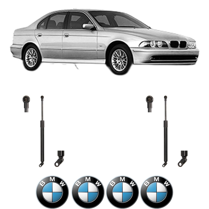 Set amortizoare portbagaj haion pentru BMW Seria 5 (E39) din 1995-2003, 2 bucati, MAGNUM TECHNOLOGY, 4 stickere auto BMW Seria