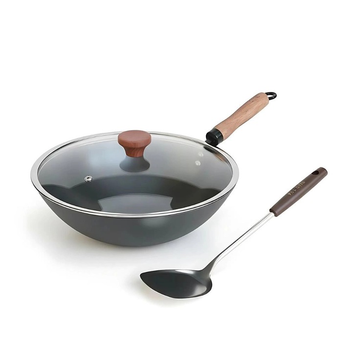 Wok clasic din otel carbon, in set cu capac de sticla, spatula metal