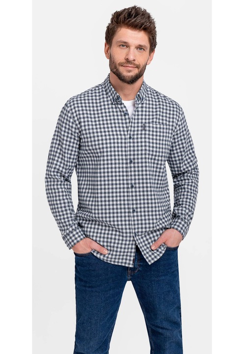 Camasa din bumbac cu model in carouri, guler fixat cu nasturi, Regular Fit, Volcano K-Haines, Albastru, Albastru