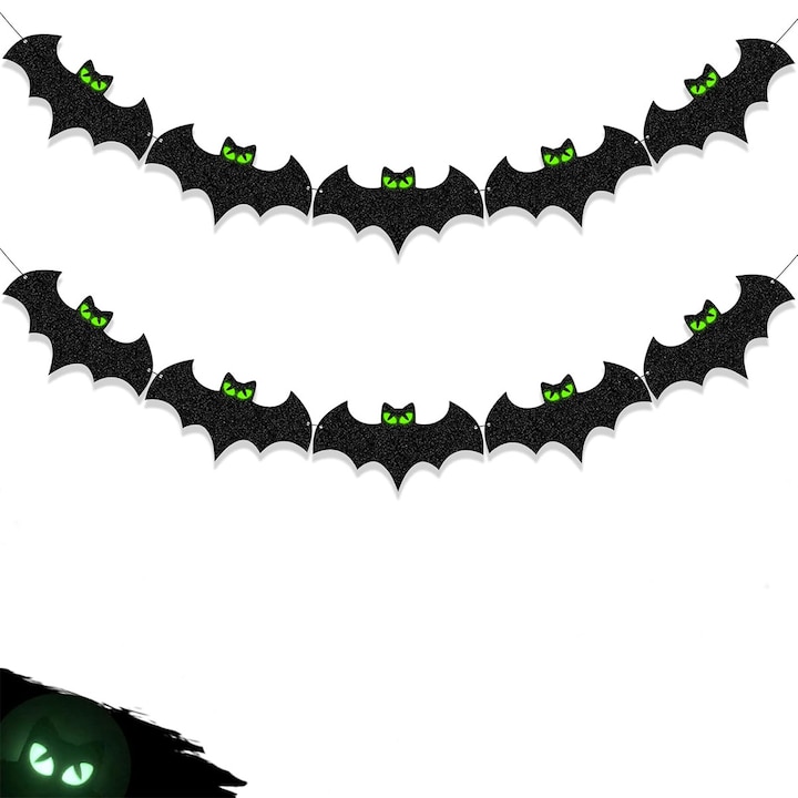 Denevér banner, Halloween dekoráció, 2 db-os szett, sötétben világító hatás, 2.5m