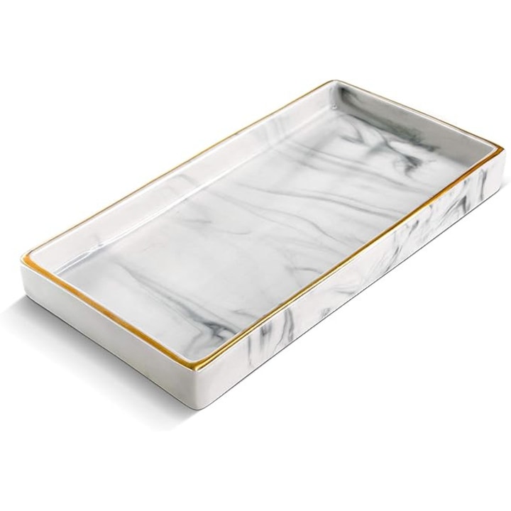 Tava decorativa din ceramica pentru baie si masa de toaleta, cu finisaj alb de marmura, pentru lumanari si bijuterii, Suport elegant pentru parfumuri si accesorii, 23 x 11, 5 x 2, 5 cm