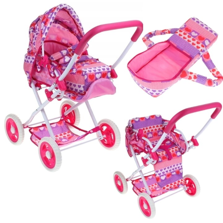 Carucior pentru papusi Pegaz 3in1, roz, 35,5x56x67cm, pliabil, cu copertina