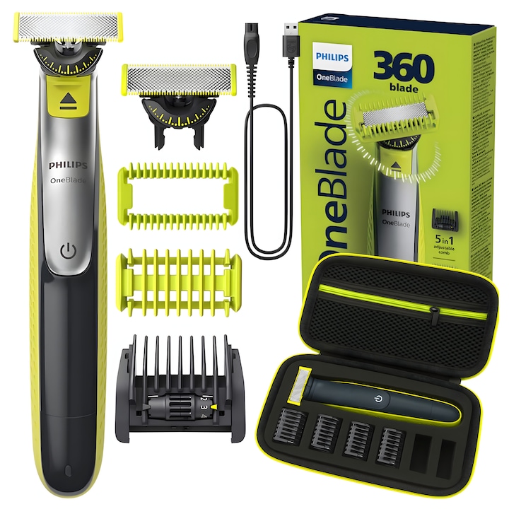 Водоустойчива самобръсначка за лице и тяло Philips OneBlade QP2834/23 + съвместим калъф за самобръсначката