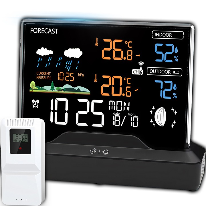 Метеорологична станция RETOO HomeSmart, Безжичен външен сензор, Термометър, Хигрометър, Барометър, 12/24h, LCD екран, Лунни фази, DCF, Аларма и Дата, Измерване на вътрешна и външна влажност и температура, Черен