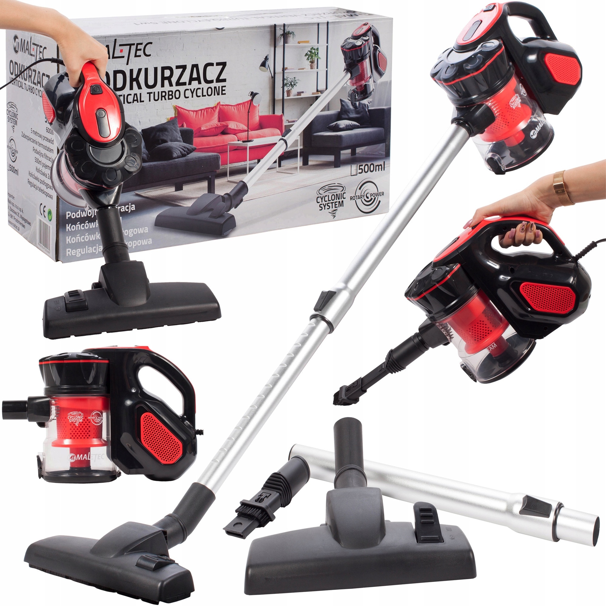 Aspirator vertical fara sac Maltec Turbo Cyclone, 800W, tehnologie ciclon, filtru HEPA, cablu 5m, 3l, negru/rosu