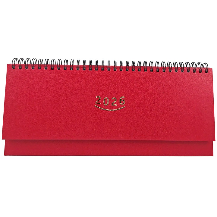 Agenda planner 2026 pentru programari, format 28 x 12 cm, 112 pagini, cu coperta de culoare rosu, legare cu spira metalica