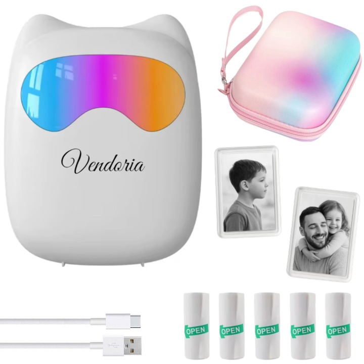 Imprimantă termică portabilă VENDORIA, Bluetooth, cu lumini reglabile, set 5 role (2 autoadezive, 3 clasice), cu husă și rame magnetice