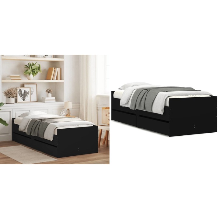 Cadru de pat cu sertare, negru, 75x190 cm mic, single