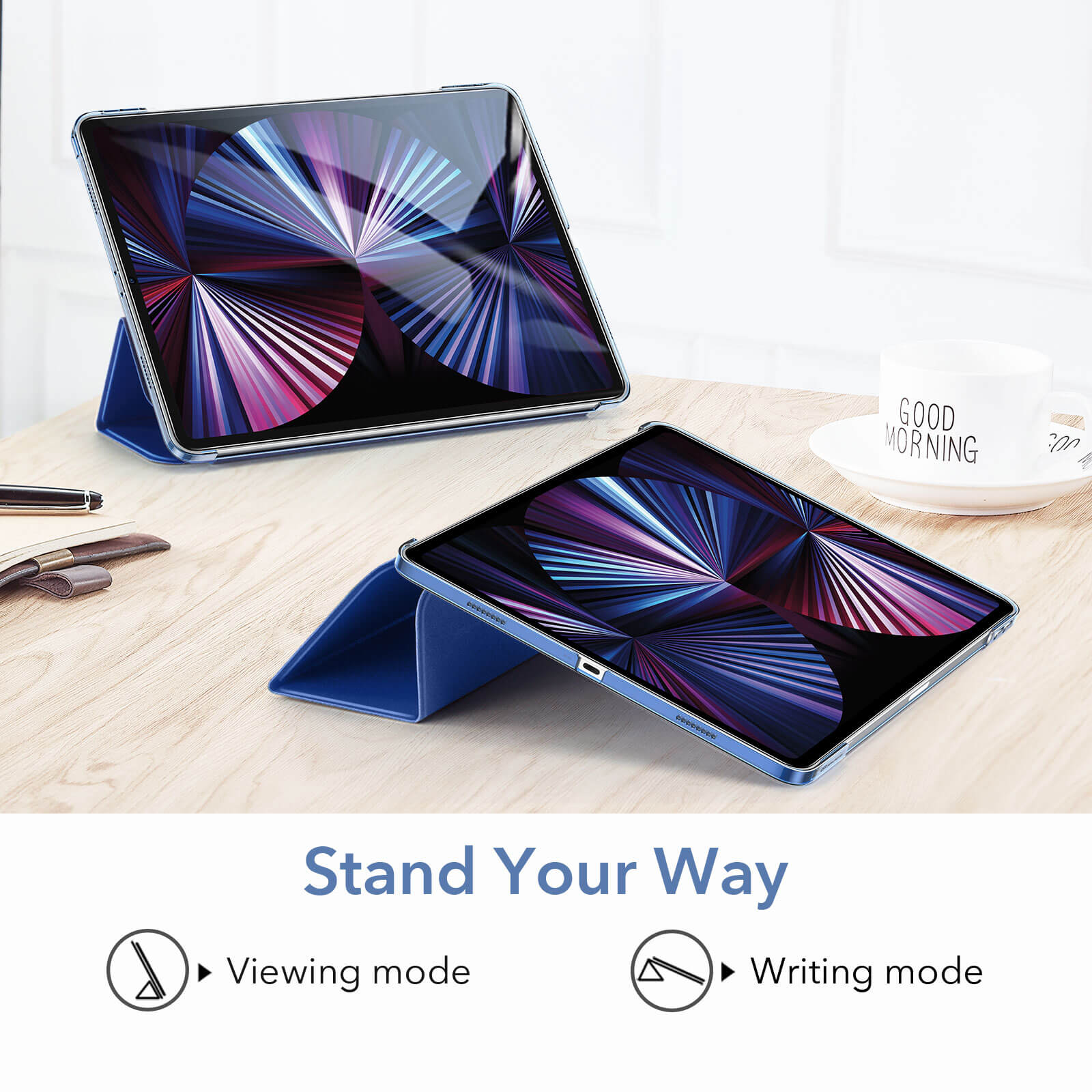 Husa tableta ESR Ascend Trifold cu clapeta, albastru inchis, pentru iPad Pro 11 2021/2022, subtire, cu functie automata de activare/dezactivare.