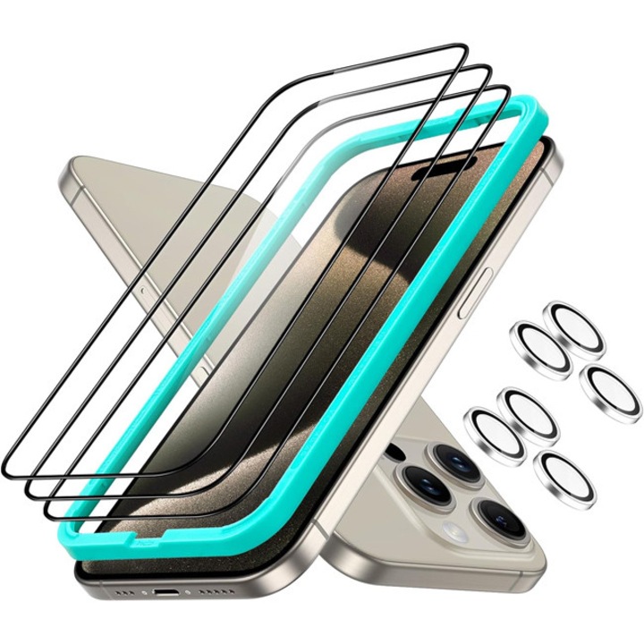 Set folii protectie din sticla securizata ESR Armorite pentru iPhone 15 Pro, 3 folii pentru ecran si 2 lentile pentru camera, transparent, usor de montat