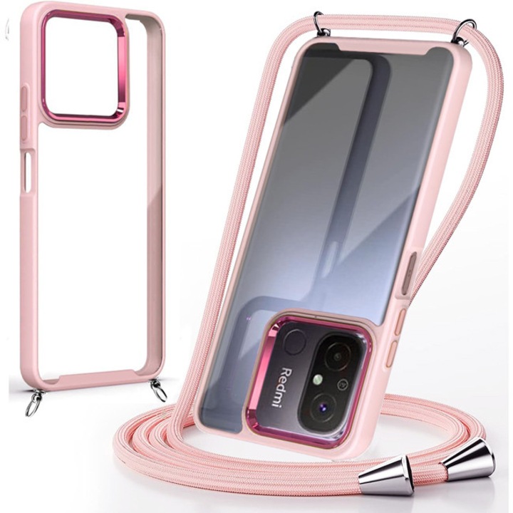 Husa telefon Orso, model Shield, transparenta, roz, pentru Xiaomi Redmi 12C, cu cordon inclus