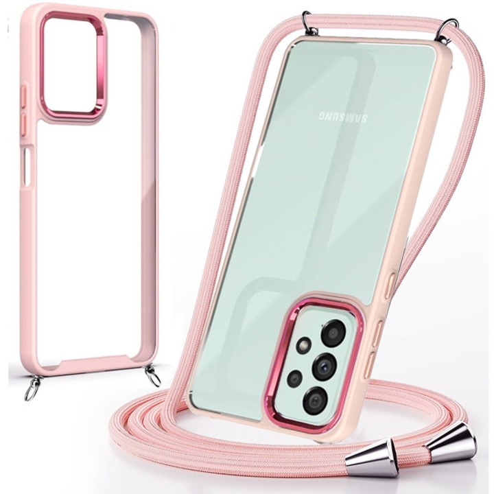 Husa telefon Orso, model Shield, transparenta, roz, pentru Samsung Galaxy A54, cu cordon inclus