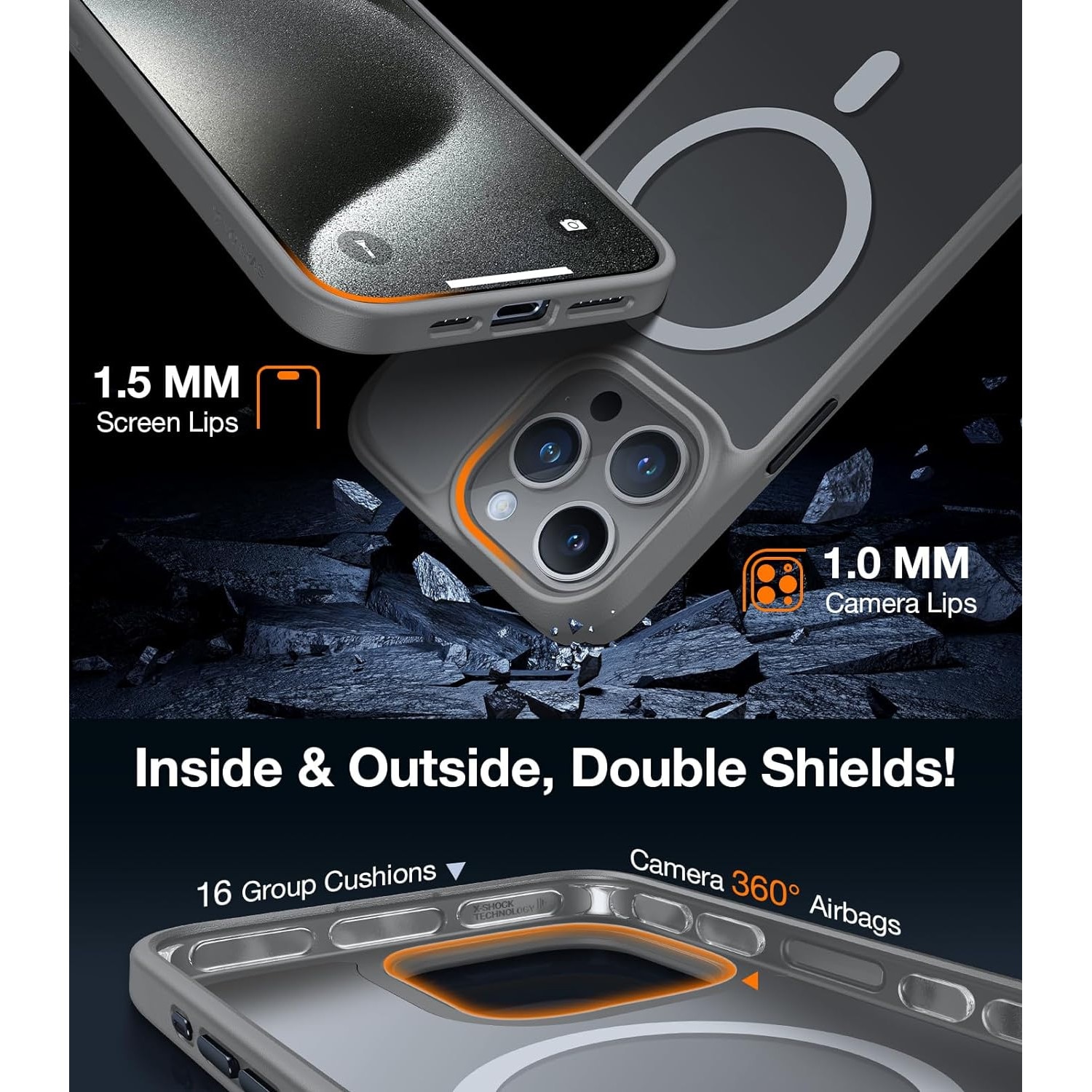 Husa telefon TORRAS Guardian MagSafe, gri titan, pentru iPhone 15 Pro, rezistenta la socuri, cu margini intarite