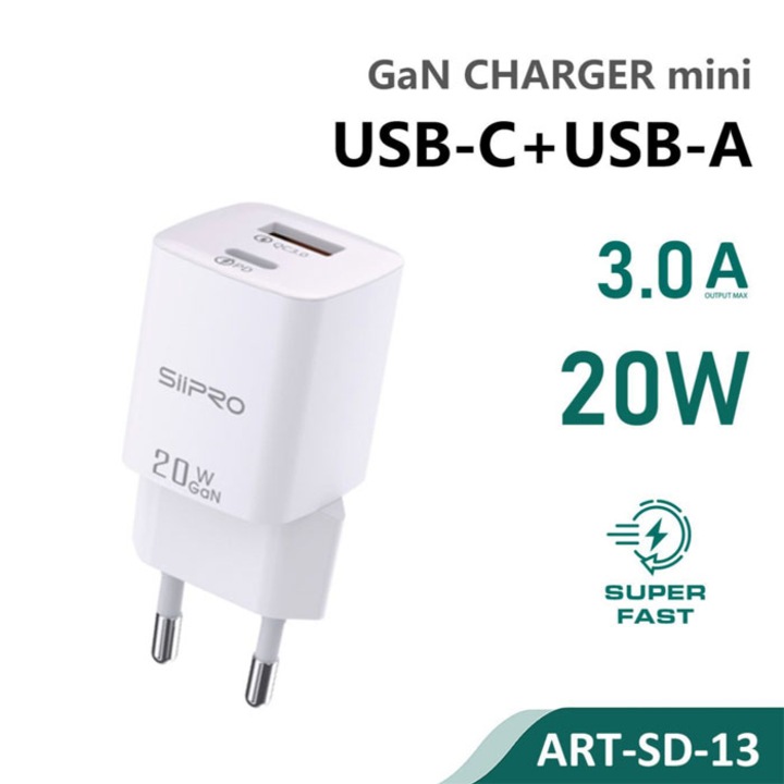 Incarcator de perete SIIPRO 1x USB, 1x USB Type-C, 20W, Alb