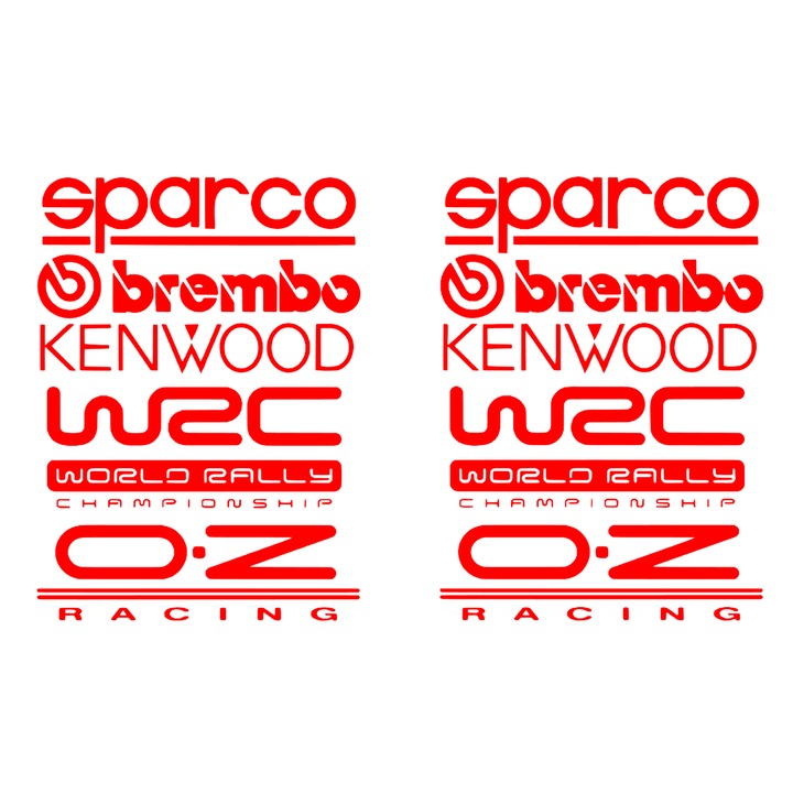 Pachet 2 bucati, 5 stickere auto, culoare rosu, 30x24 cm, Sparco, Brembo, Kenwood, WRC, OZ, ambele portiere
