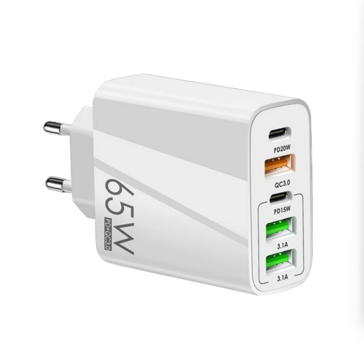 Hálózati töltő, 65W gyors töltés, 5 porttal – 2 x Type-C és 3 x USB-A, gyors töltés iPhone, Samsung, Huawei, Xiaomi, MacBook, laptopok számára, univerzális kompatibilitás, fehér