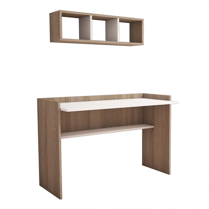 Set birou dormitor Artenova Firuze, stejar cu nuc, 118x80x58cm, raft de perete 90x25.6x22cm
