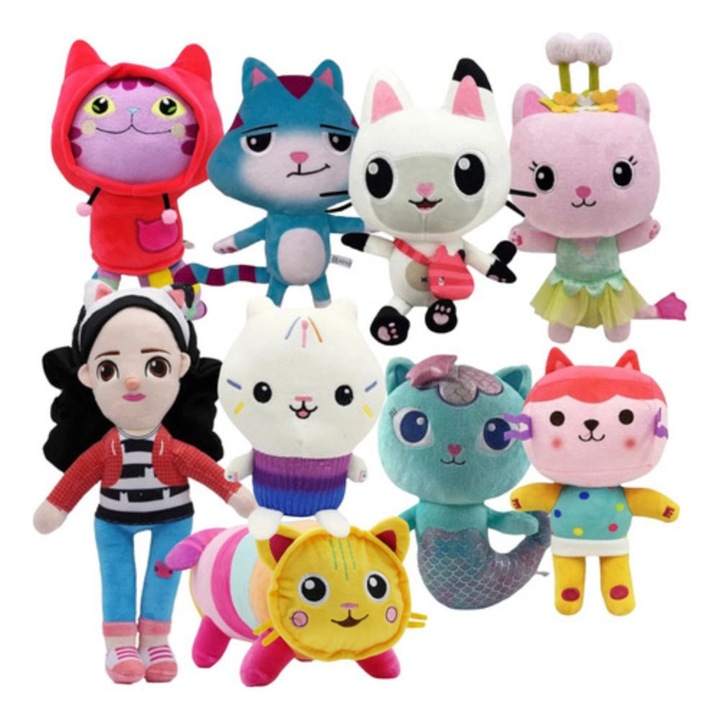 Set 9 jucarii de plus cu agatatoare, Gabby's Dollhouse, 25-30 cm, Virtual Trend®