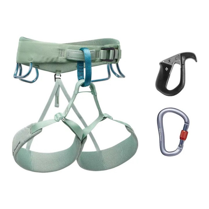 Set echipament escalada Black Diamond Momentum Pilot pentru femei, culoare neagra, include ham si dispozitiv de asigurare ATC-Pilot.