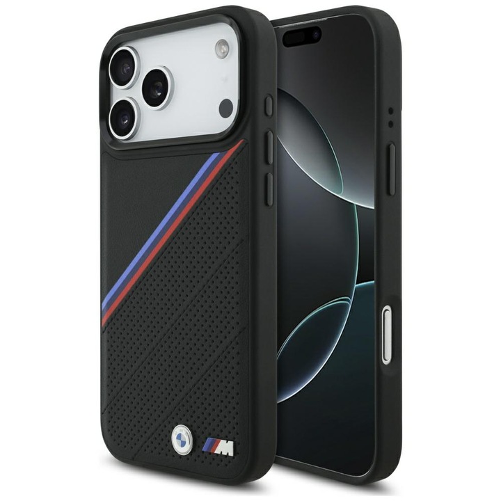 Tok, BMW M Tricolor Metal Logo Magnet kompatibilis iPhone 17 Pro Max, Fekete