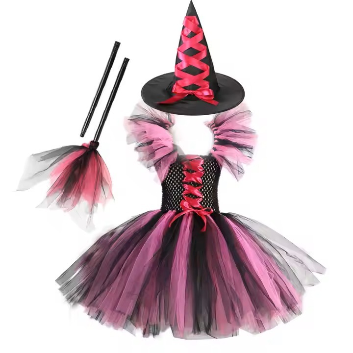Lány Halloween jelmez, rózsaszín boszorkány, kalappal és seprűvel, 2-3 év, Funny Party Shop