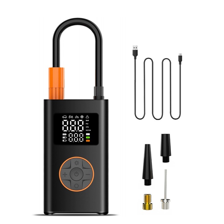 Hordozható Elektromos Kompresszor LCD Kijelzővel és Külső Akkumulátor Funkcióval, 150 PSI, USB, LED Világítás, Mellékelt Tartozékok