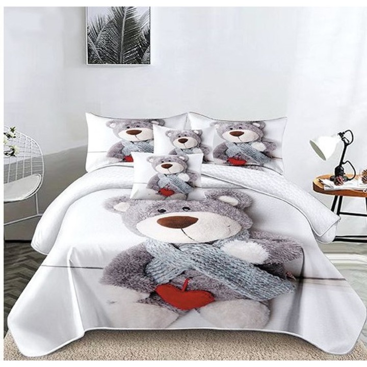 Set Lenjerie Premium din Bumbac Finet – 6 Piese pentru Pat Dublu, Imprimeu Identic cu Imaginea, cu 4 Fete de Perna, Alb