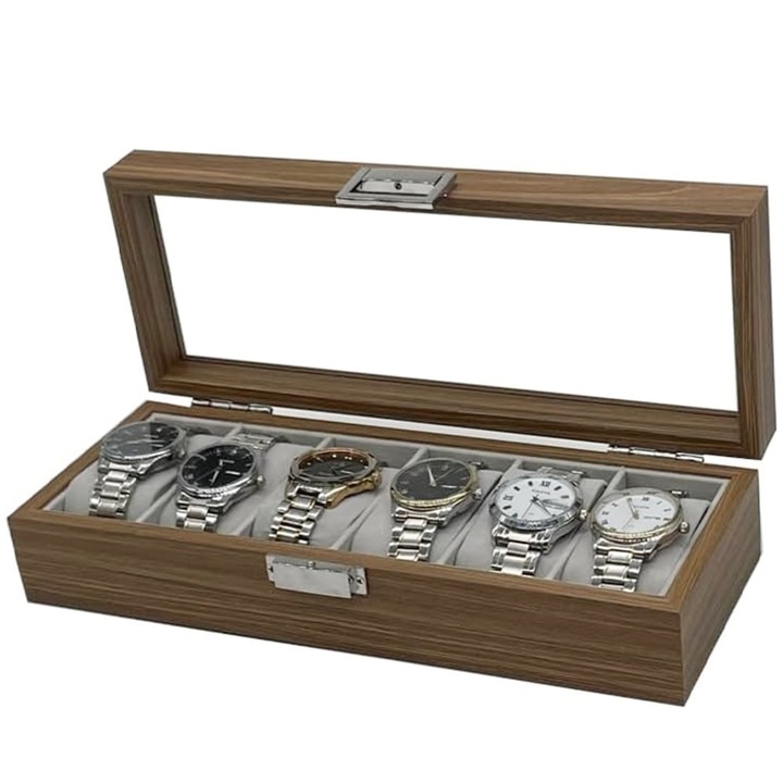 Caseta eleganta din lemn pentru depozitare si organizare 6 ceasuri, model Pufo Gentleman, maro