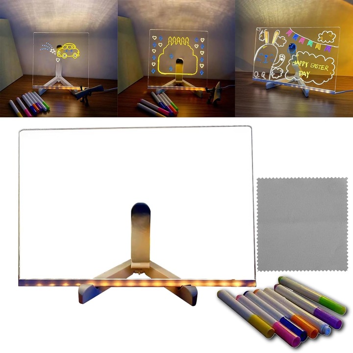 Tabla acrilica LED 30x20 cm, multifunctionala, KuviKoo™ cu 7 markere colorate si suport reglabil, reutilizabila, pentru birou, desen, notite si decor modern, alimentare USB
