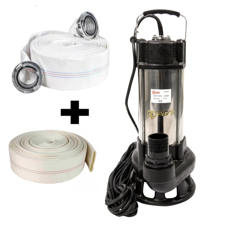 Pompa submersibila cu dublu tocator pentru apa murdara, DDT, V1500T, 1500 W, Inox + Furtun pompier, 20 metri, 2 toli + Furtunul de pompier 2'' 20 m, 8 bari, cu cuple