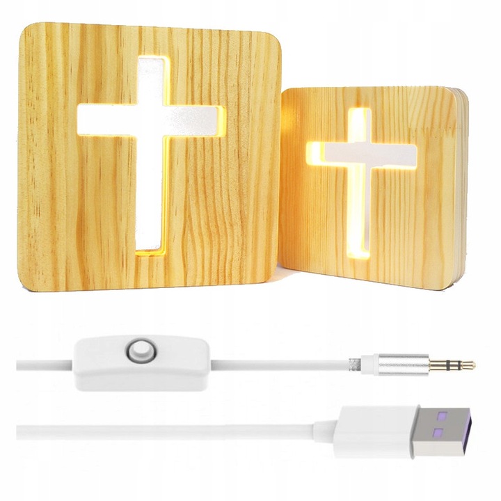 3D LED дървена лампа, HLO, кръст, 19x19см, с превключвател ON/OFF