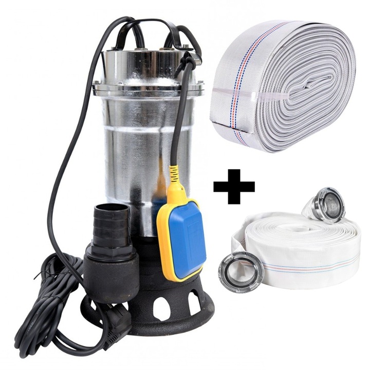 Pompa pentru apa murdara cu plutitor fara tocator, DDT, Inox, SWP2550F, 2550 W, 25 mc/h + Furtun pompier, 20 metri, 2 toli + Furtun pompier, 20 metri, 2 toli, cu cuple