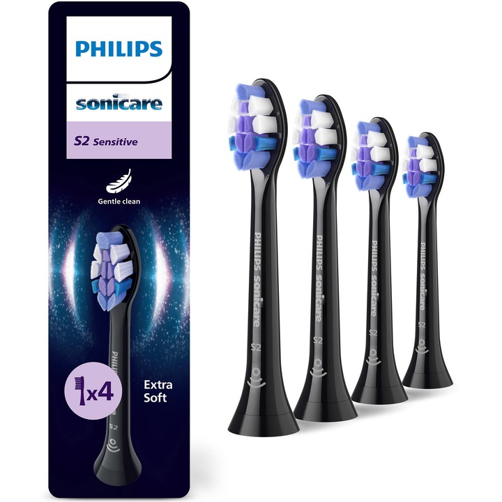 Rezerve Philips Sonicare Sensitive HX6054/88, pachet de 4 capete de periere, click-on, sincronizarea modurilor BrushSync, Negru