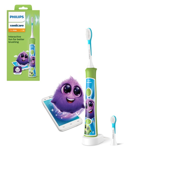 Електрическа четка за зъби за деца Philips Sonicare HX6352/11, 2 режима на миене, 2 нива на интензивност, 62 000 дв/мин, Съдържа 2 глави за четкане: за 3 и 7 години, 8 стикера, Свързване с приложение Philips Sonicare for Kids, Зелен