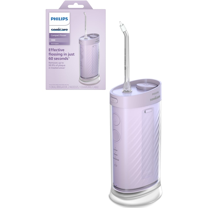 Philips Sonicare Series 1000 HX3333/24 szájöblítő, kompakt és hordozható, 200 ml-es összecsukható tartály, 3 tisztítási mód, 2 tisztítófejjel (1 Standard N1 fej, 1 Comfort N2 fej), lila