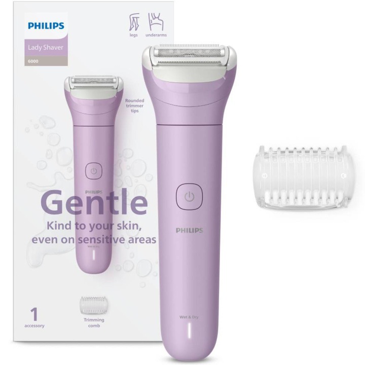 Philips BRL114/00 női elektromos borotva, vezeték nélküli, nedves és száraz használatra alkalmas, kb. 80 perces üzemidő, 1 tartozékkal, trimmer/fésű tüske funkcióval, lila