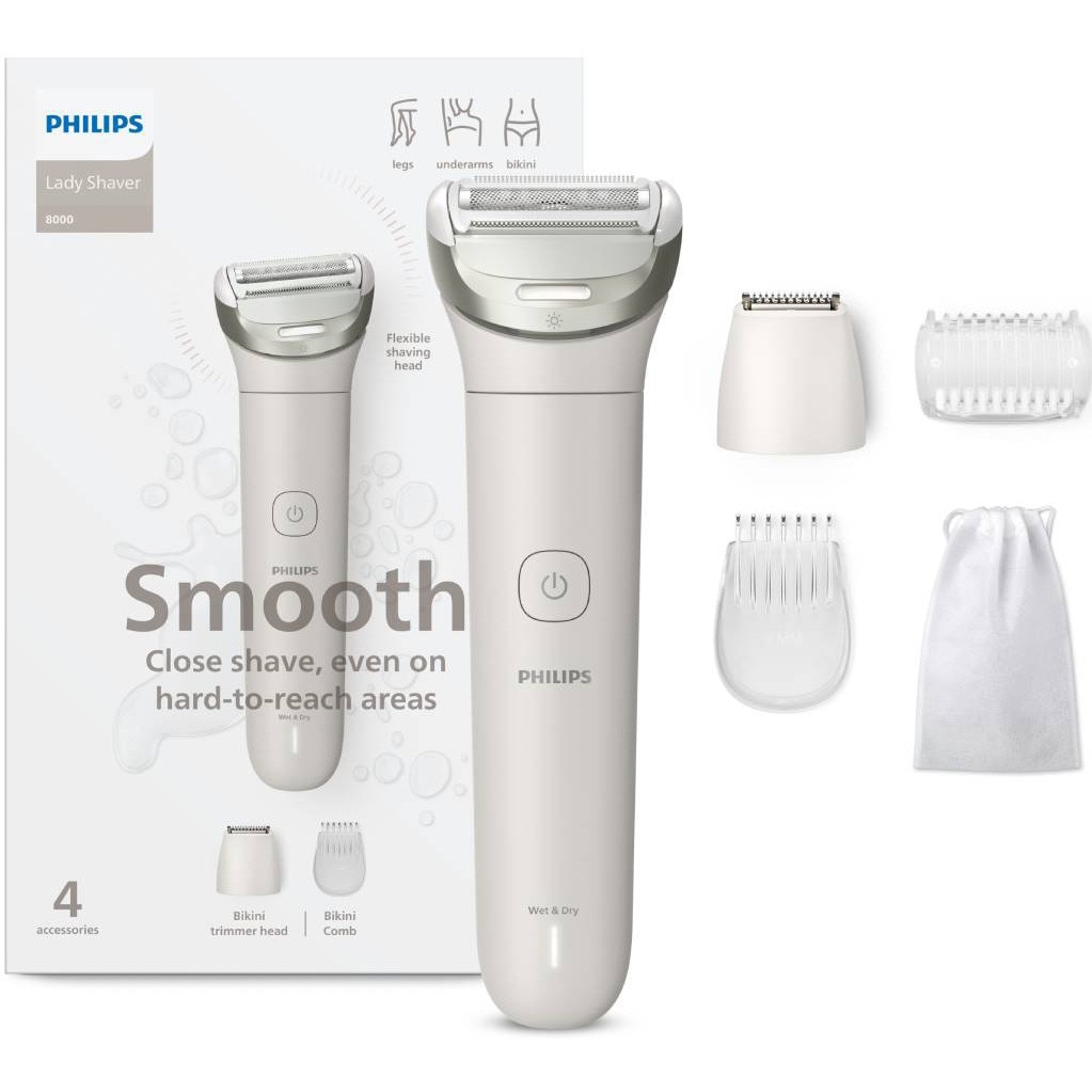 Aparat de ras electric pentru femei, fara fir PHILIPS BRL147/00, umed si uscat, autonomie: 120 minute, 4 accesorii, lumina led, cap de ras flexibil, cap pentru tuns zona inghinala,